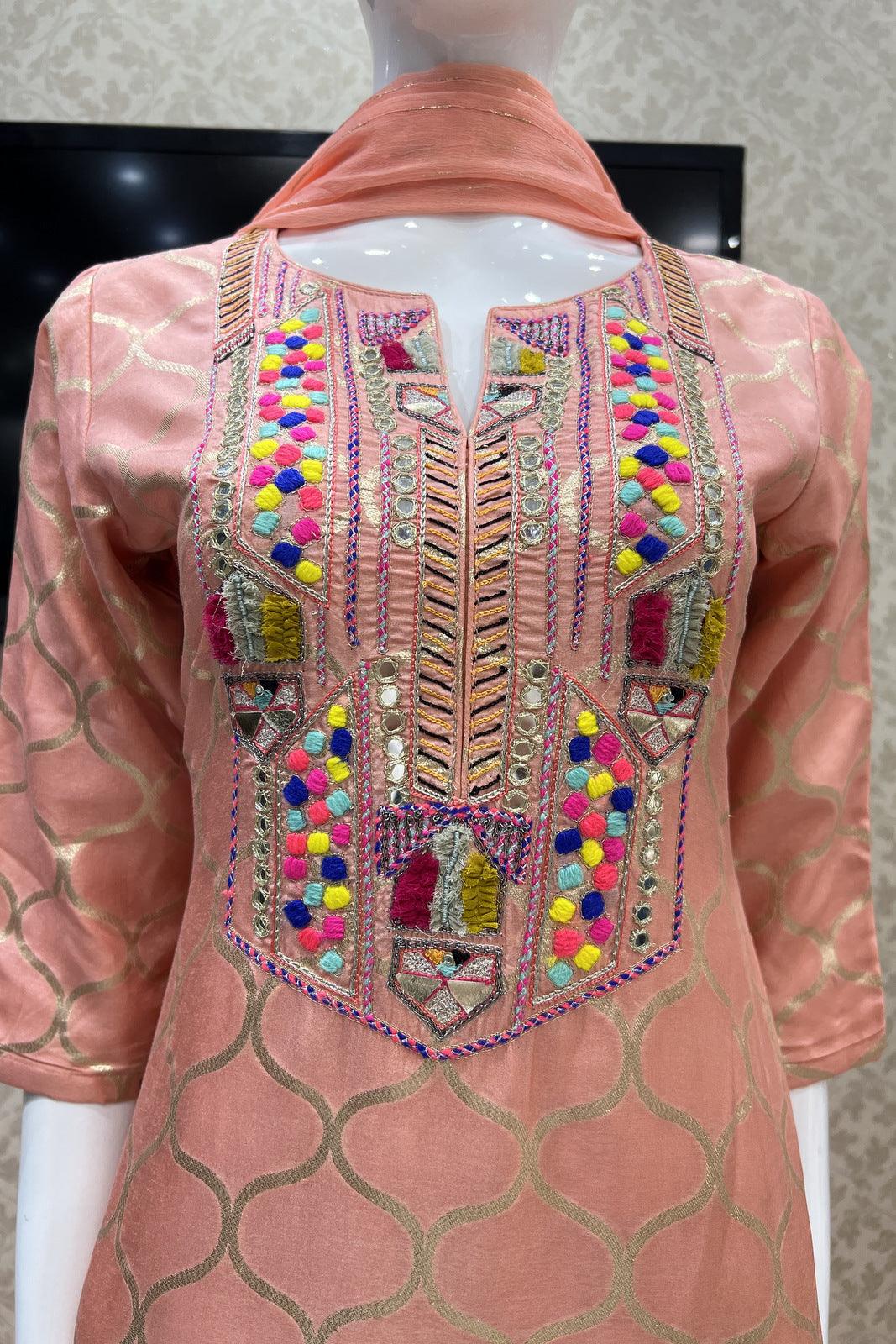 Peach Zari Weaving, Multicolor Thread and Mirror work Sharara Suit Set - Seasons Chennai