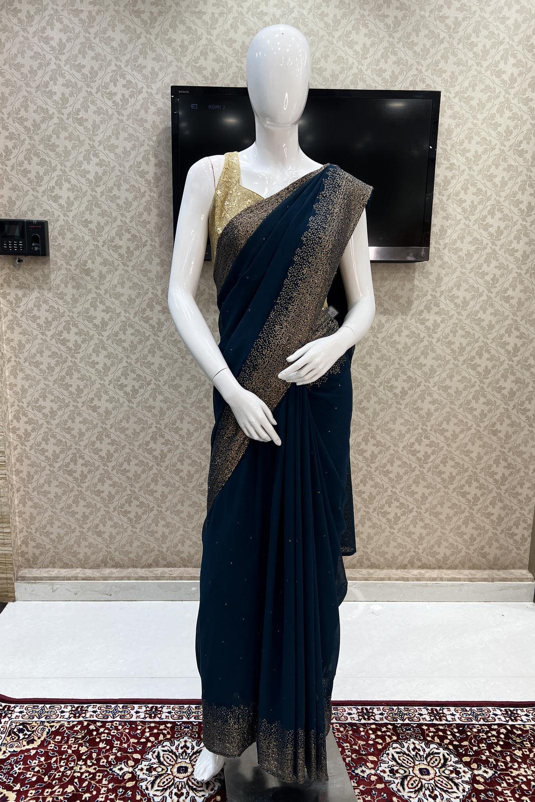 Peacock Blue Sequins and Thread work Saree and Matching Unstitched Blouse - Seasons Chennai