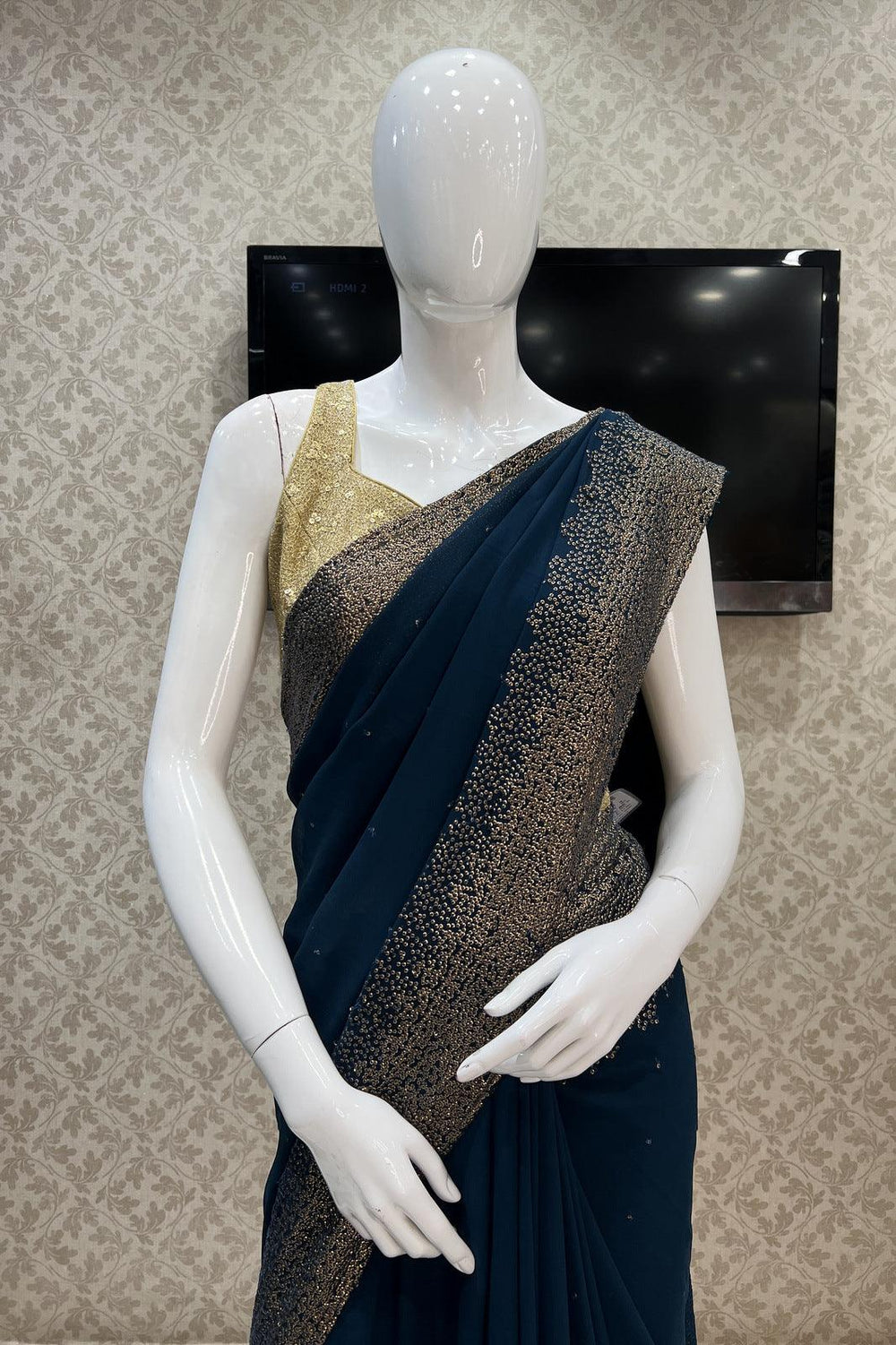 Peacock Blue Sequins and Thread work Saree and Matching Unstitched Blouse - Seasons Chennai