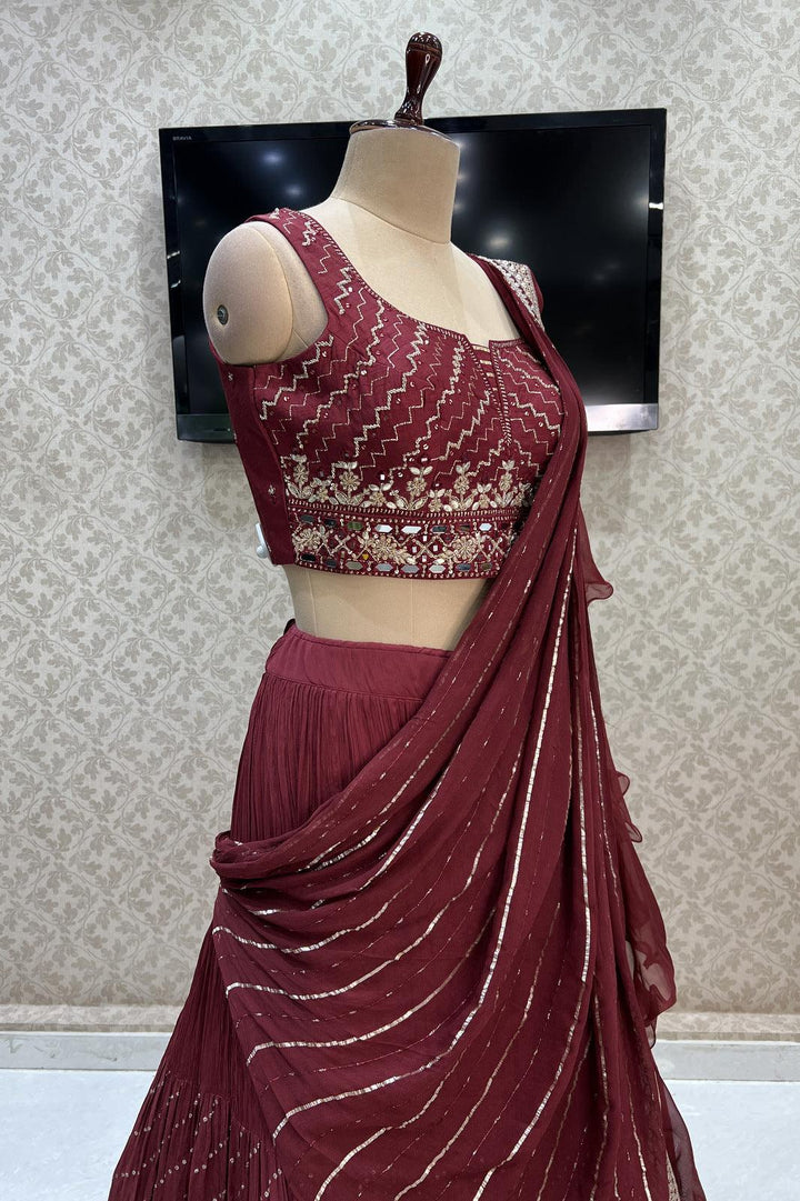 Maroon Mirror, Beads, Zari, Banaras and Sequins work Crop Top Lehenga - Seasons Chennai