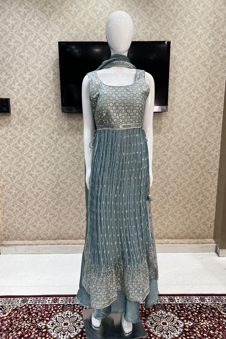 Pale Green Silver Zari and Sequins work Salwar Suit with Palazzo Pants - Seasons Chennai