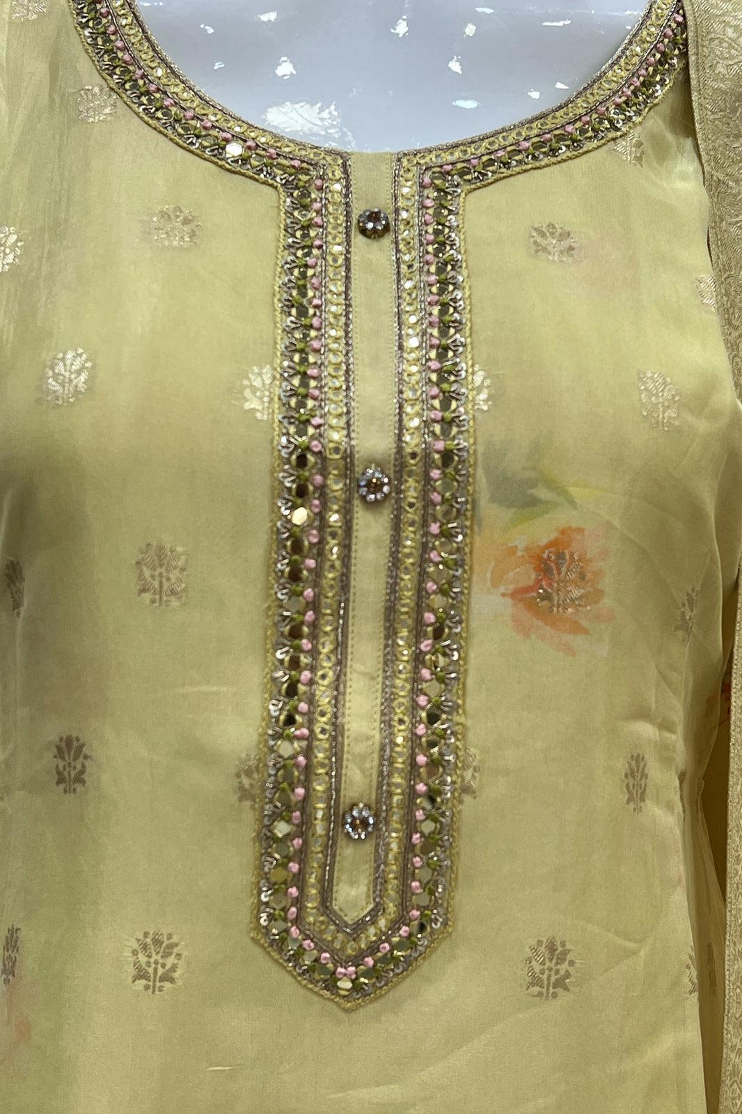 Yellow Mirror, Sequins, Thread and Banaras Butta work with Floral Print Straight Cut Salwar Suit - Seasons Chennai