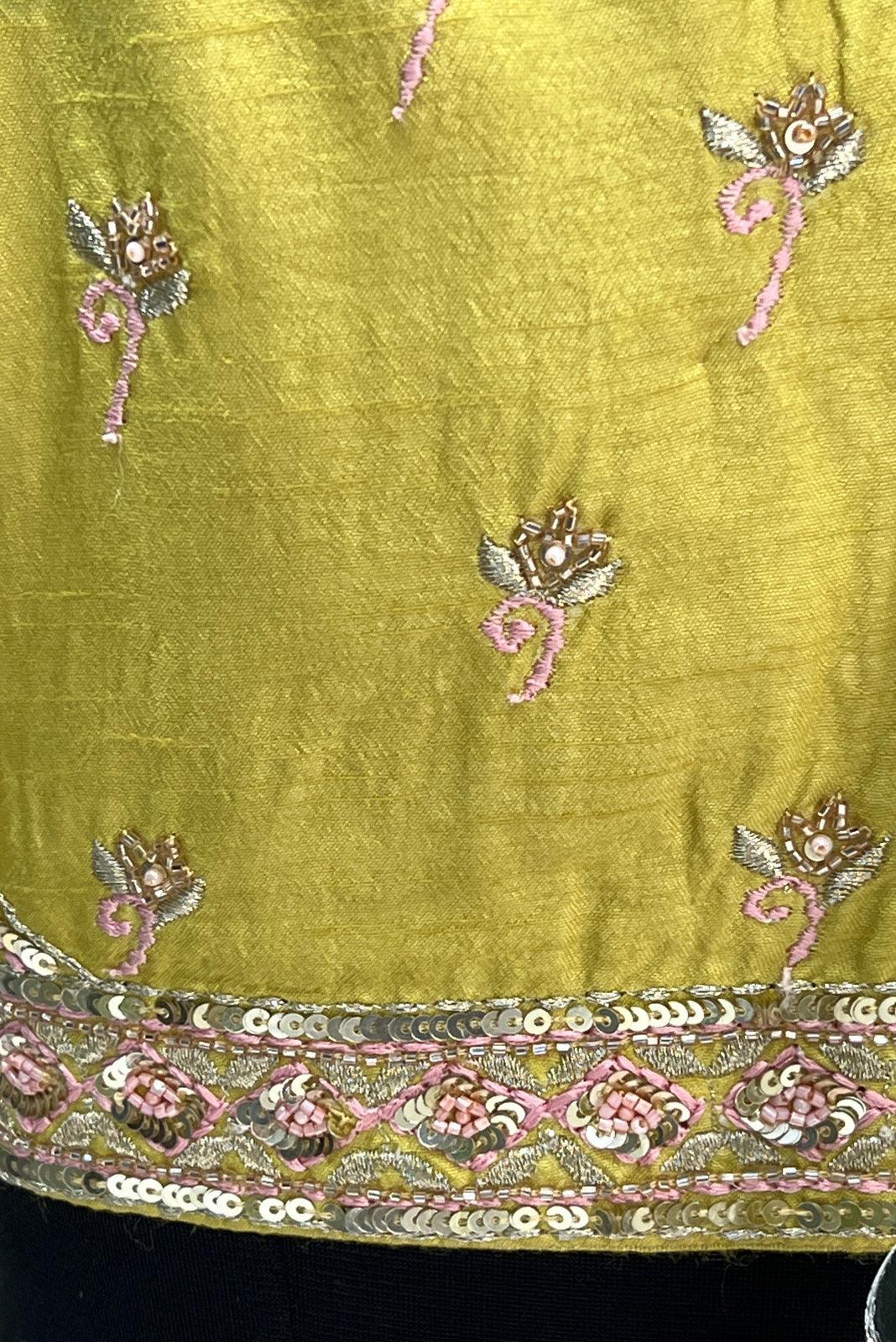 Lemon Green with Peach Sequins, Thread, Zari and Thread work Crop Top Lehenga - Seasons Chennai