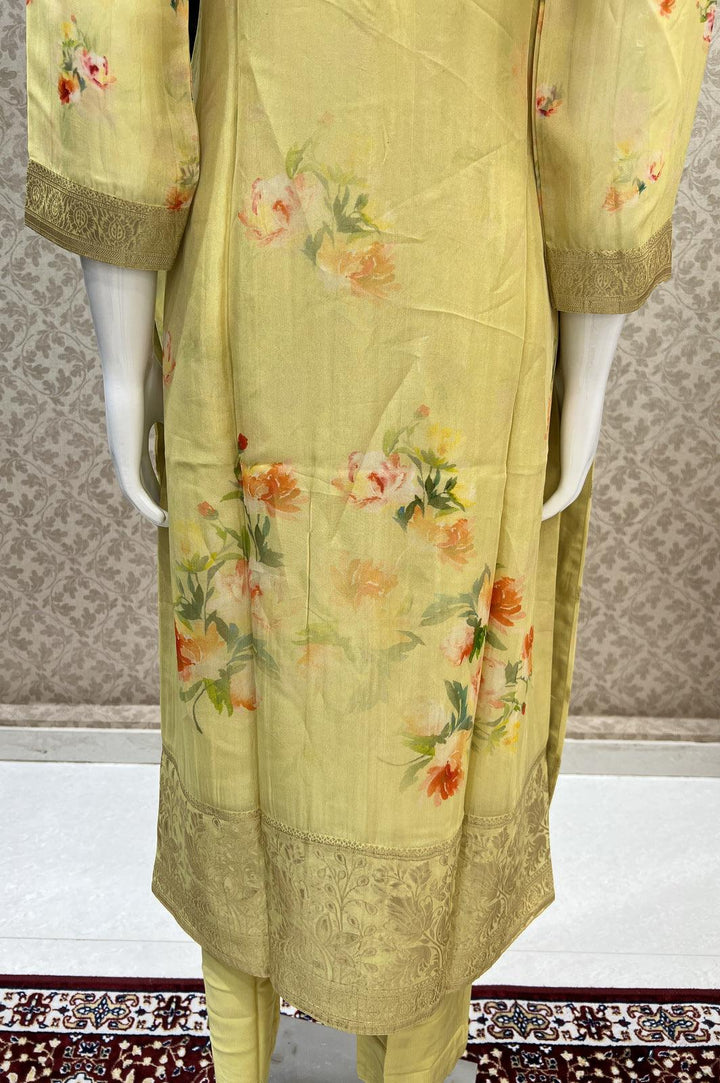 Yellow Mirror, Sequins, Thread and Banaras Butta work with Floral Print Straight Cut Salwar Suit - Seasons Chennai