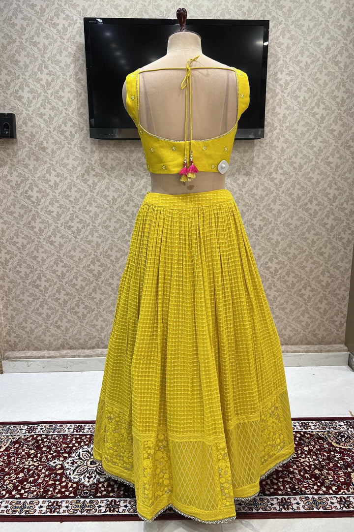 Yellow Sequins, Zari, Thread and Beads work Crop Top Lehenga with Tie and Dye Printed Dupatta - Seasons Chennai