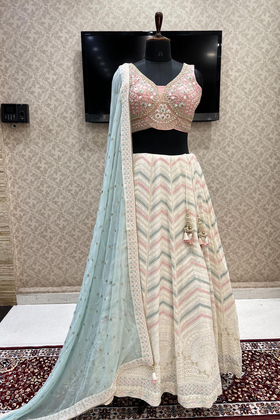 Pink with Cream Mirror, Zari, Thread, Sequins and Stone work Crop Top Lehenga - Seasons Chennai