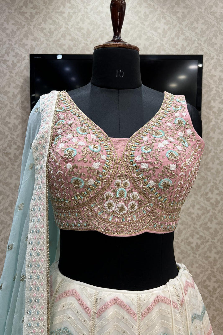 Pink with Cream Mirror, Zari, Thread, Sequins and Stone work Crop Top Lehenga - Seasons Chennai