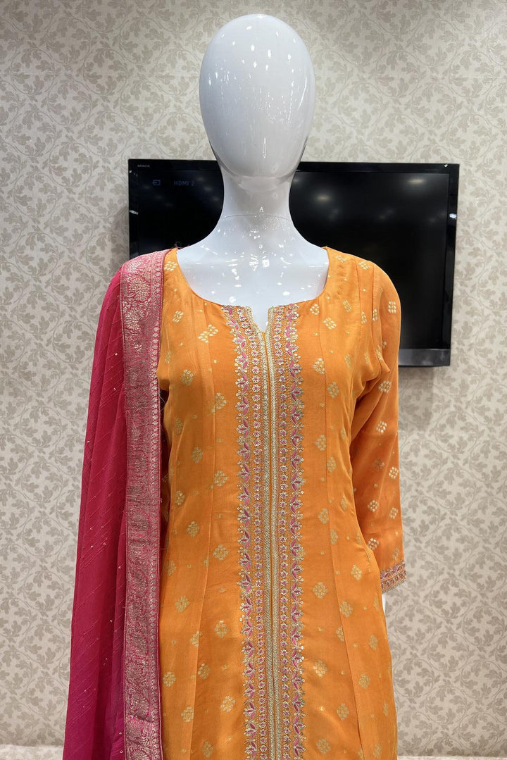 Orange Banaras, Sequins, Zari and Thread work Anarkali Style Salwar Suit with Straight Pants - Seasons Chennai