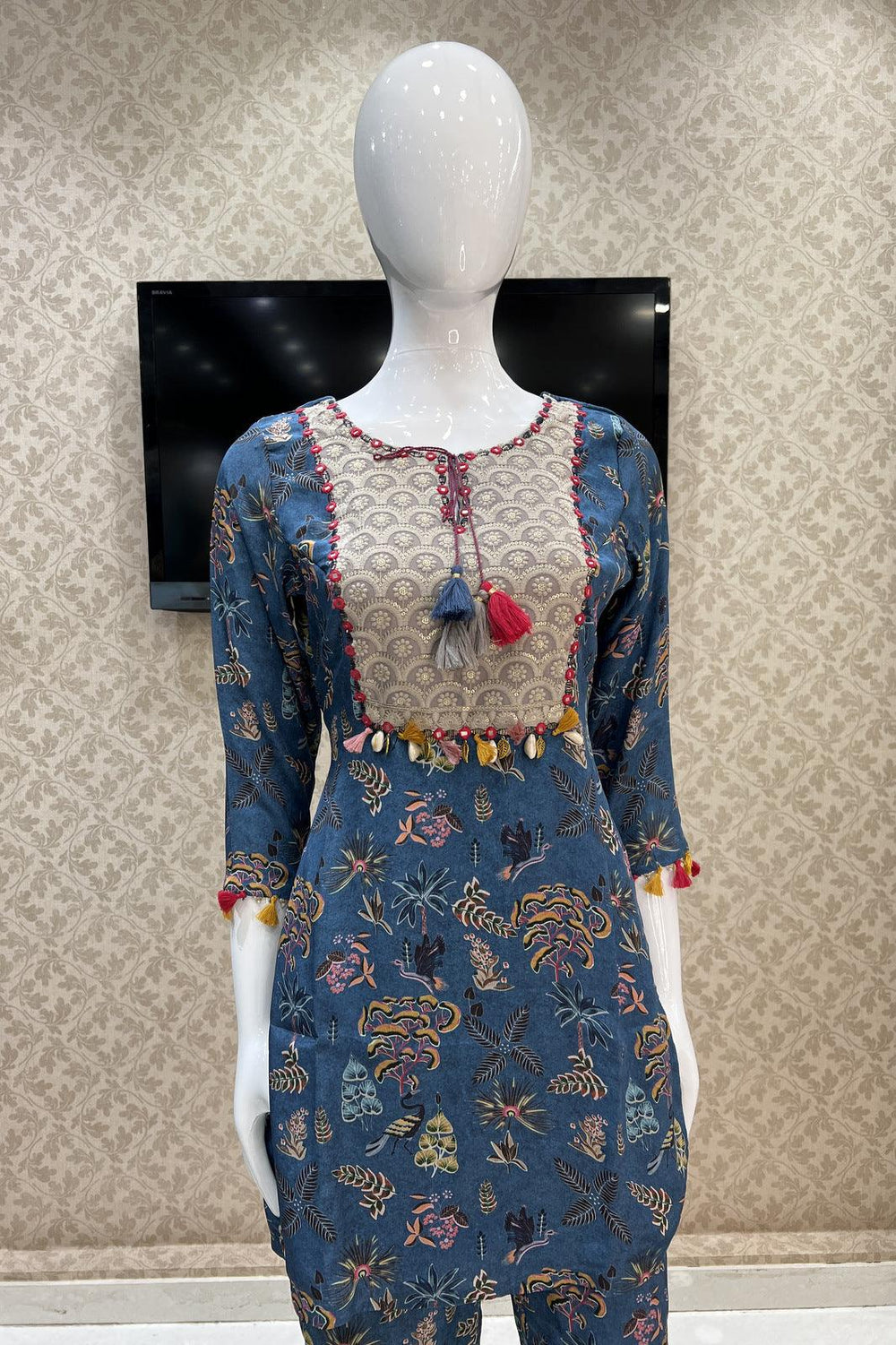 Blue with Grey Digital Print, Sequins and Thread work Cord Set - Seasons Chennai