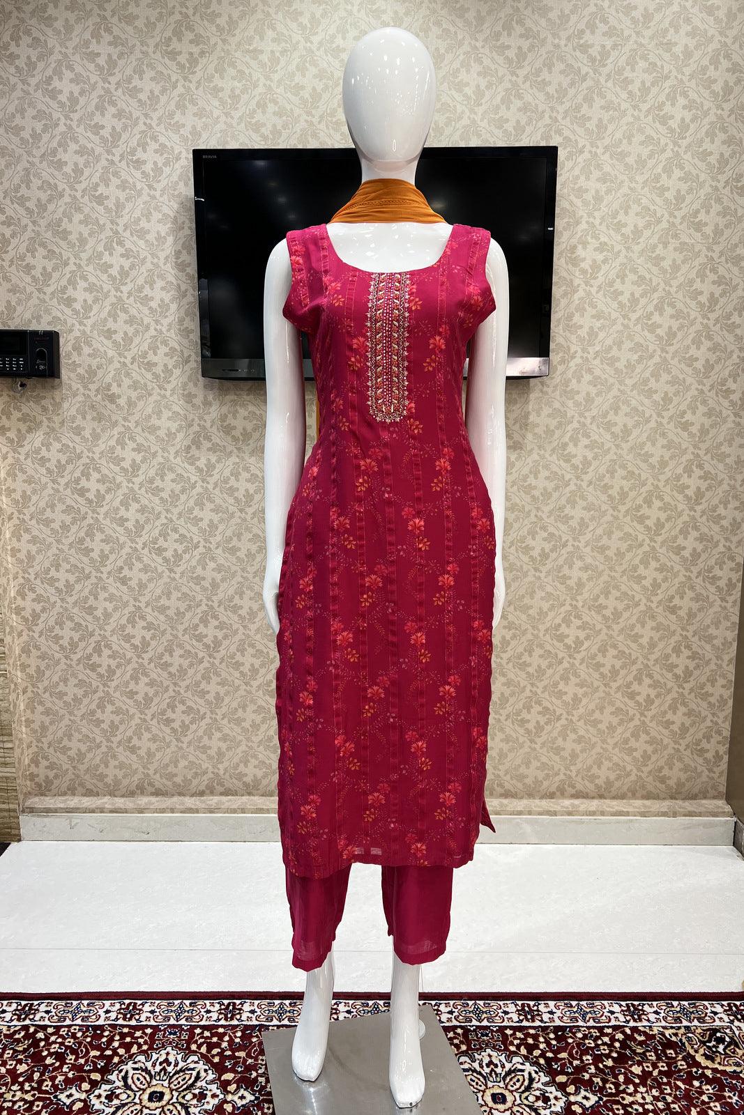 Magenta Beads, Zardozi and Sequins work with Digital Print Straight Cut Salwar Suit - Seasons Chennai