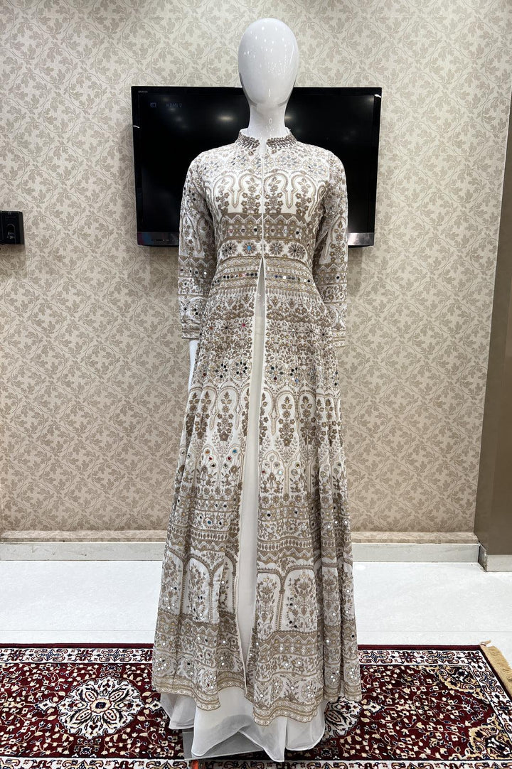Half White Chickankari, Mirror and Sequins work Mastani Styled Long Top Lehenga - Seasons Chennai
