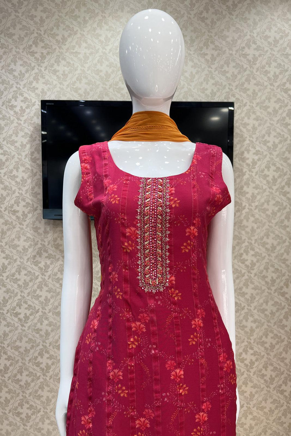Magenta Beads, Zardozi and Sequins work with Digital Print Straight Cut Salwar Suit - Seasons Chennai