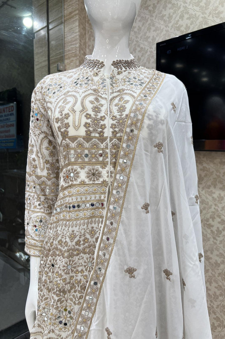 Half White Chickankari, Mirror and Sequins work Mastani Styled Long Top Lehenga - Seasons Chennai