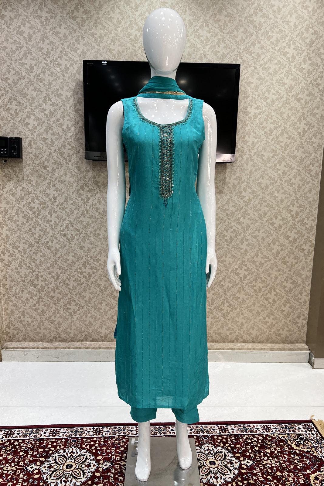Rama Blue Mirror, Pearl, Zardozi and Beads work Straight Cut Salwar Suit - Seasons Chennai