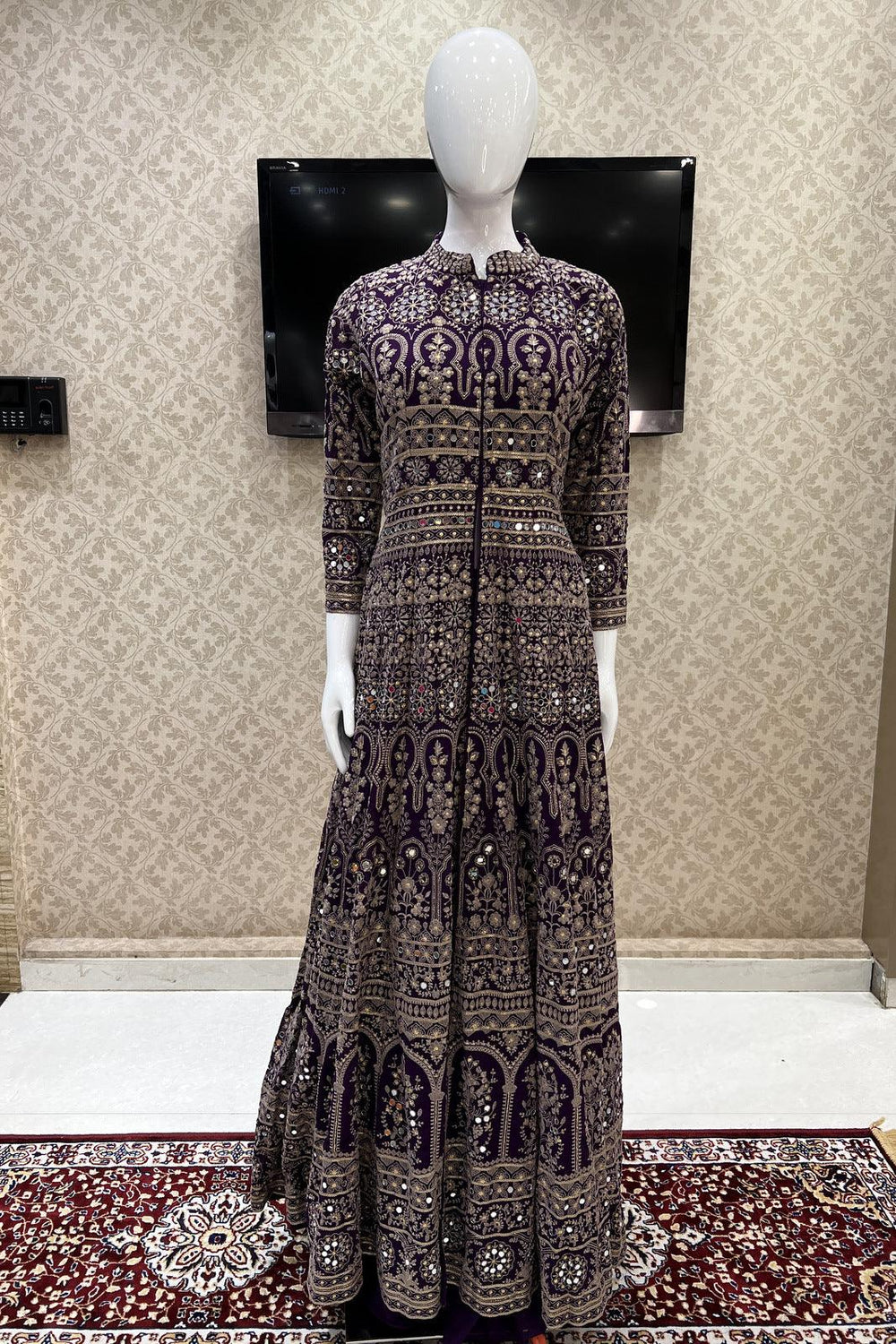 Purple Chickankari, Mirror and Sequins work Mastani Styled Long Top Lehenga - Seasons Chennai