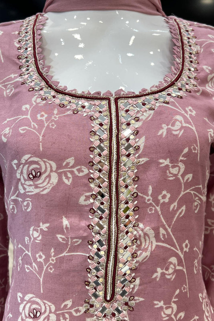 Onion Pink Mirror and Thread work with Floral Print Straight Cut Salwar Suit - Seasons Chennai