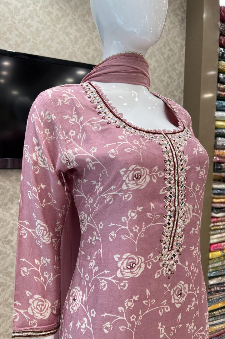 Onion Pink Mirror and Thread work with Floral Print Straight Cut Salwar Suit - Seasons Chennai