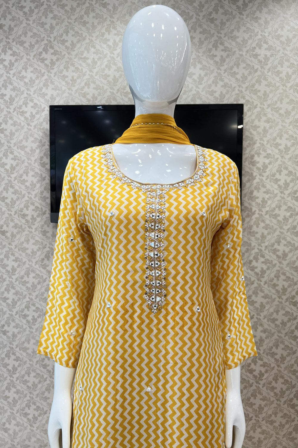 Yellow with Cream Printed, Mirror, Thread and Sequins work Straight Cut Salwar Suit - Seasons Chennai