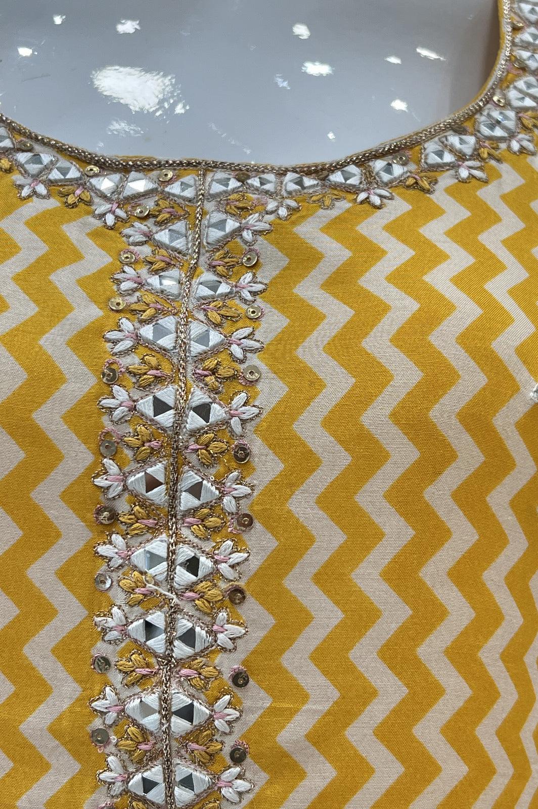 Yellow with Cream Printed, Mirror, Thread and Sequins work Straight Cut Salwar Suit - Seasons Chennai