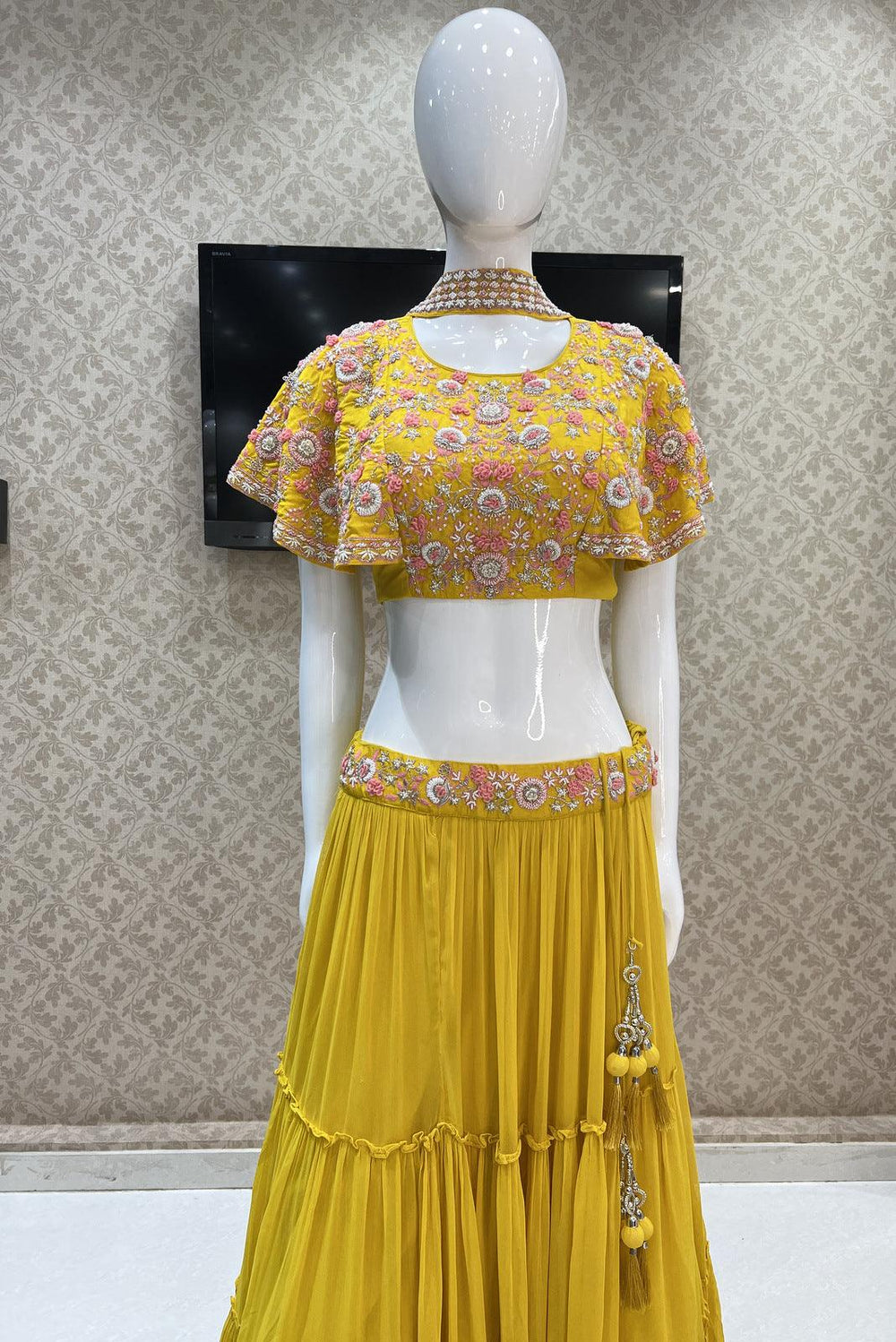 Yellow Thread, Pearl and Beads work Poncho Styled Crop Top Lehenga - Seasons Chennai