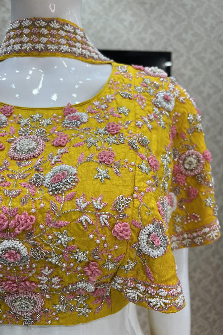 Yellow Thread, Pearl and Beads work Poncho Styled Crop Top Lehenga - Seasons Chennai
