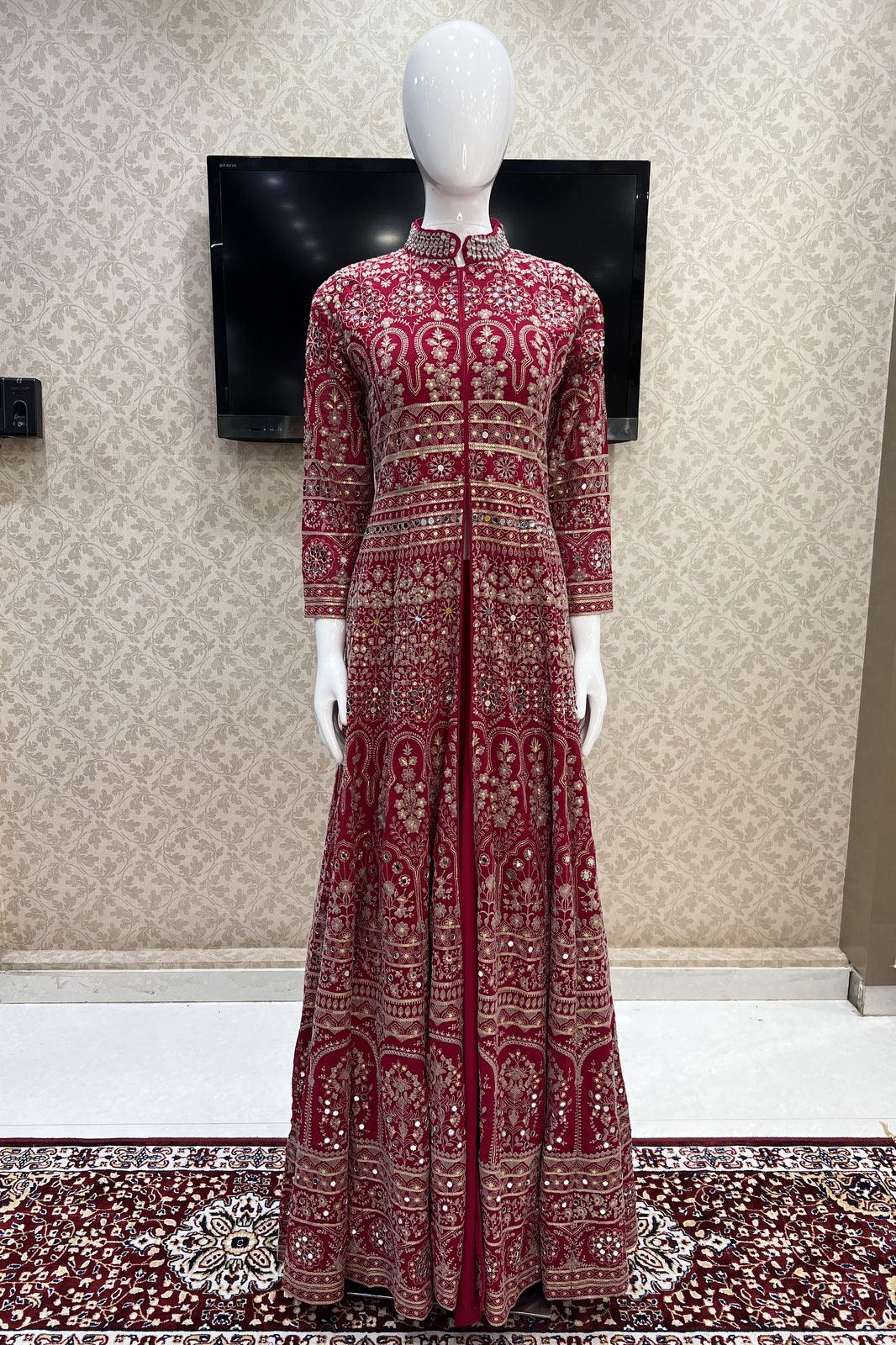 Rani Pink Chickankari, Mirror and Sequins work Mastani Styled Long Top Lehenga - Seasons Chennai