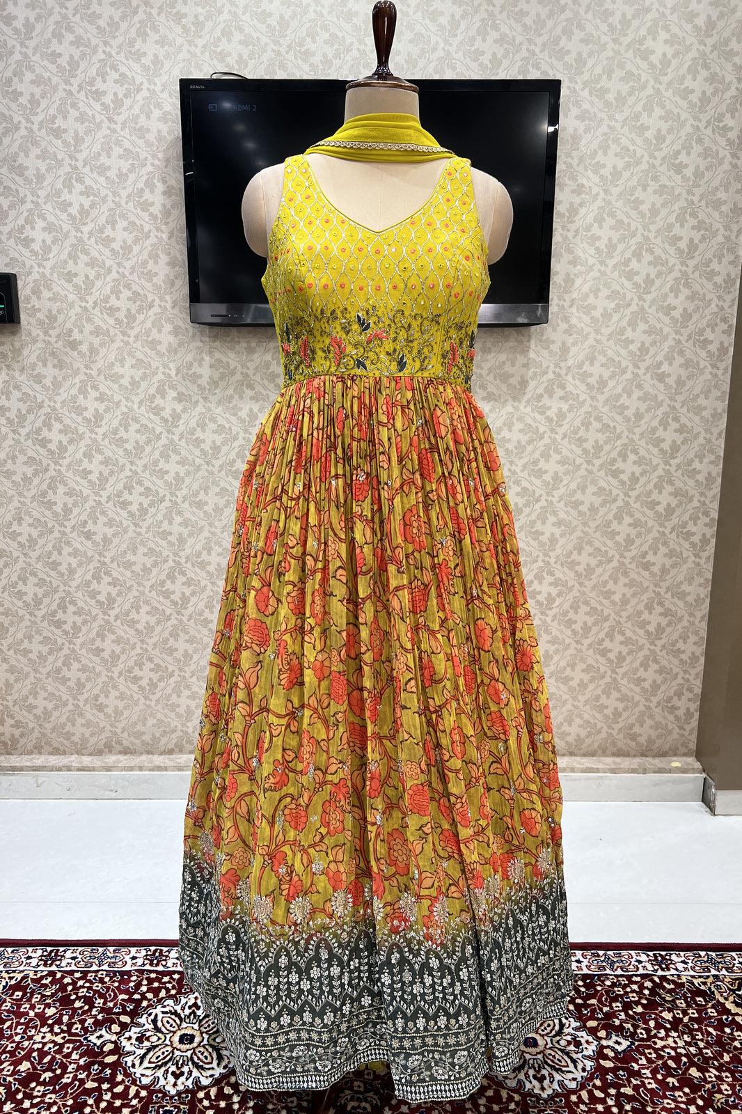 Lemon Yellow with Grey Shaded Mirror and Stone work with Digital Print Floor Length Anarkali Suit - Seasons Chennai
