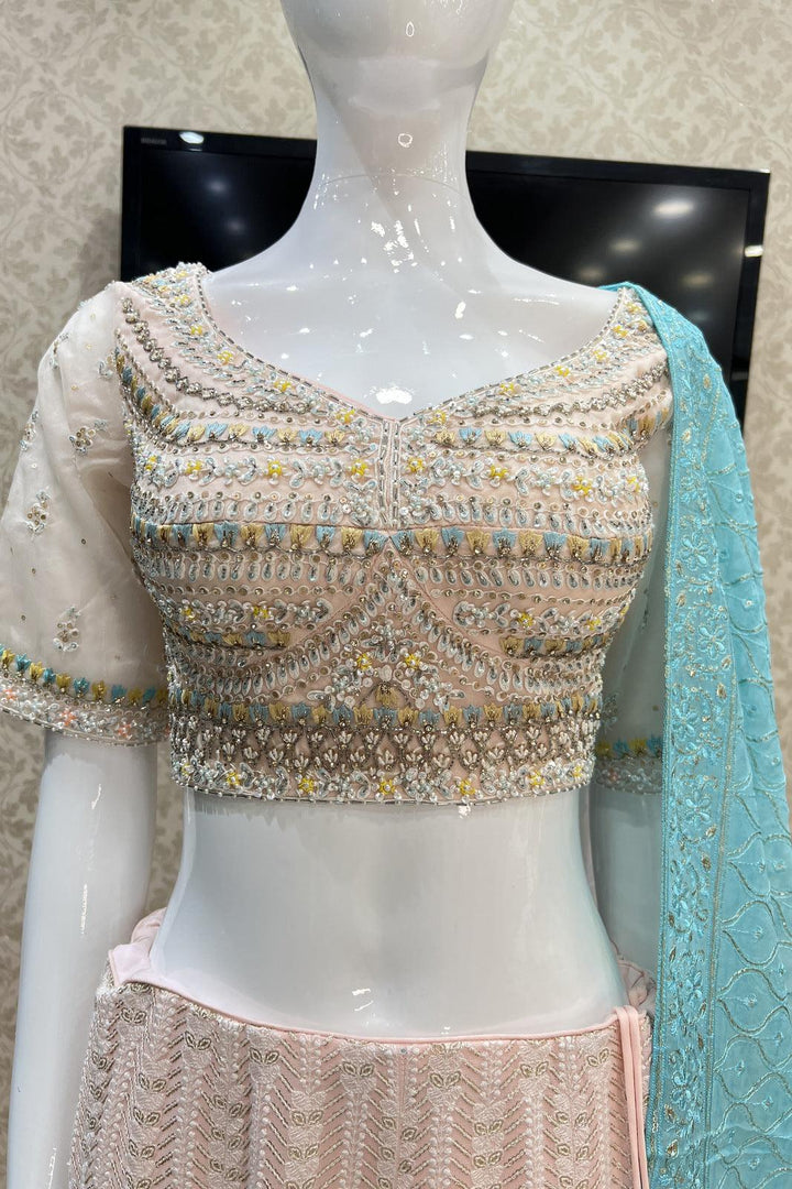 Light Peach Lucknowi, Pearl, Stone, Sequins and Beads work Crop Top Lehenga - Seasons Chennai