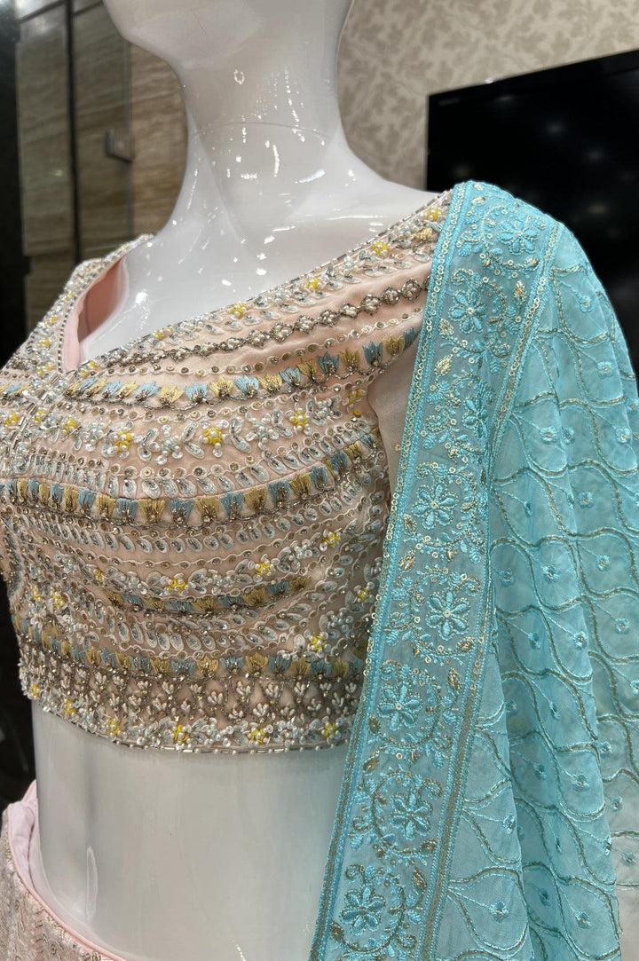 Light Peach Lucknowi, Pearl, Stone, Sequins and Beads work Crop Top Lehenga - Seasons Chennai