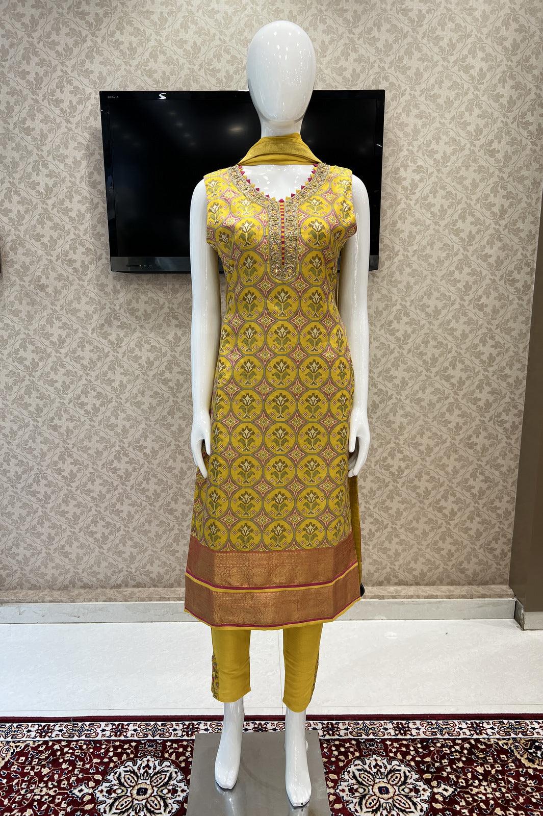 Yellow Patola Print, Beads, Zardozi and Mirror work with Banaras Border Straight Cut Salwar Suit - Seasons Chennai