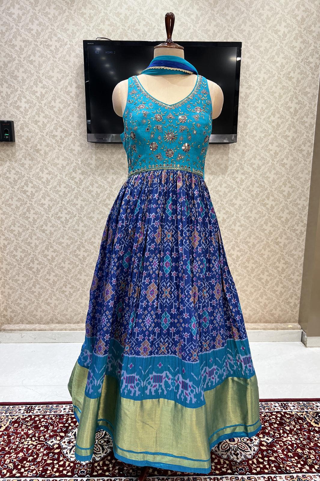 Rama and Royal Blue Mirror, Zardozi and Kundan Work with Patola Print Anarkali Suit - Seasons Chennai