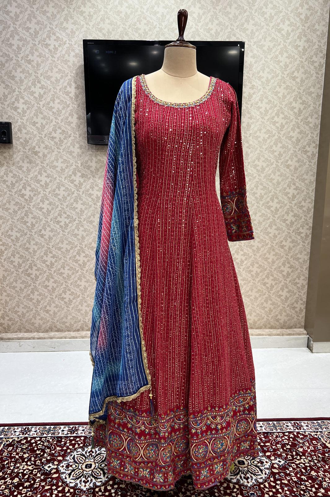 Red Thread, Sequins and Zari work Floor Length Anarkali Suit with Bandini Print Dupatta - Seasons Chennai
