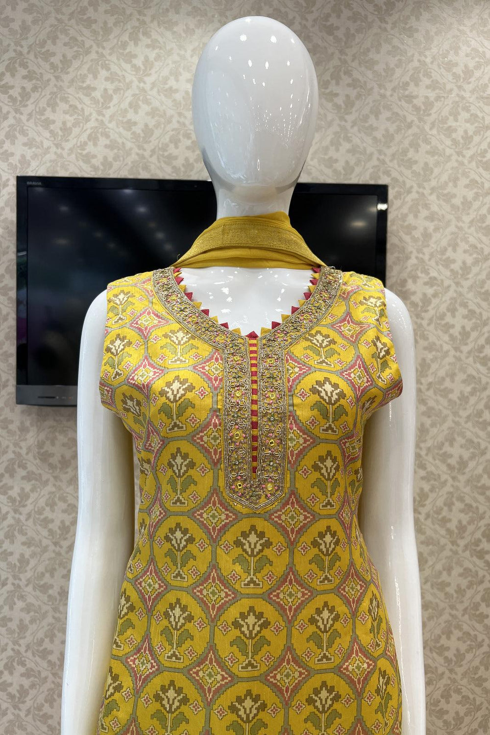Yellow Patola Print, Beads, Zardozi and Mirror work with Banaras Border Straight Cut Salwar Suit - Seasons Chennai