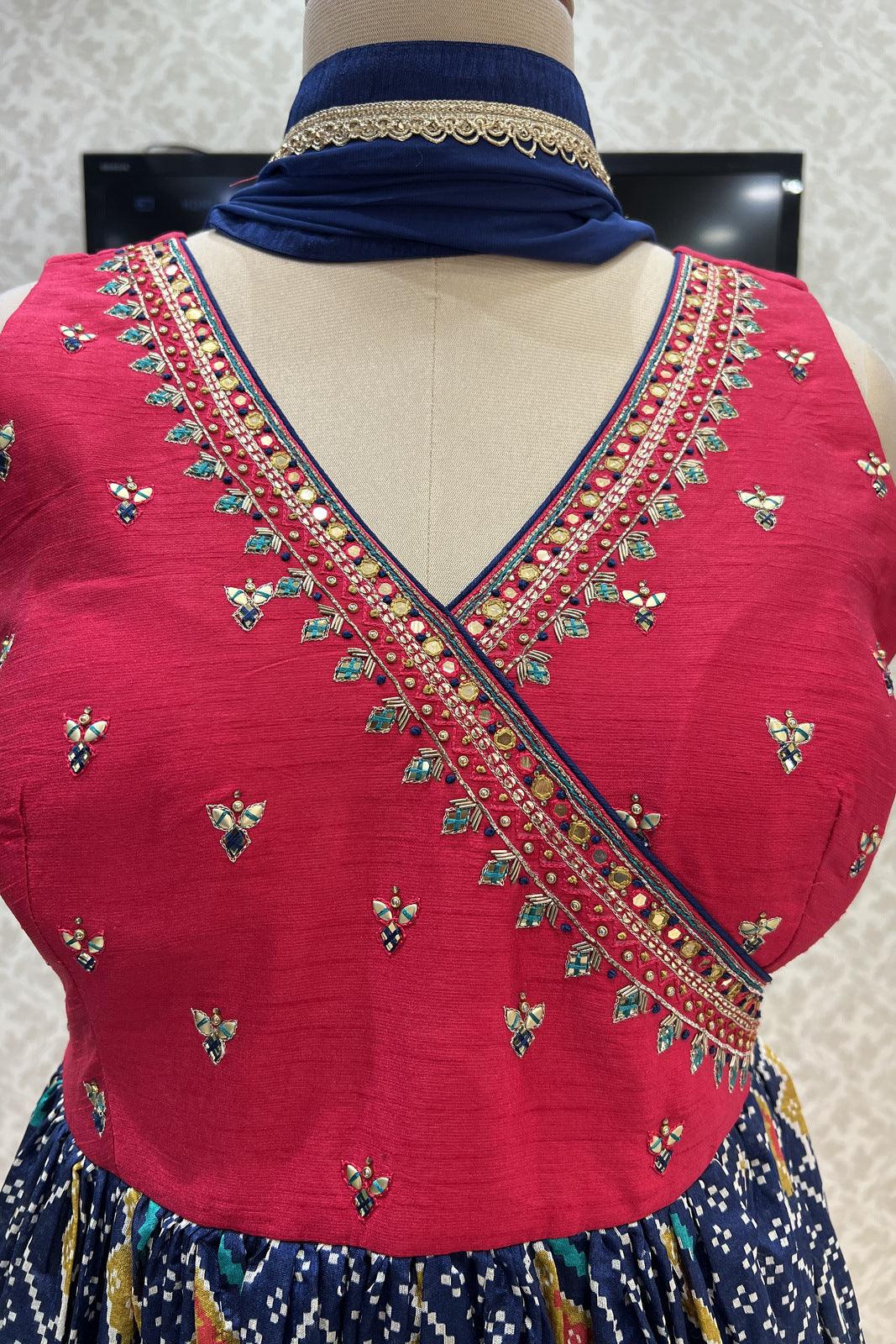Red with Navy Blue Mirror, Zardozi and Kundan Work with Patola Print Anarkali Suit - Seasons Chennai