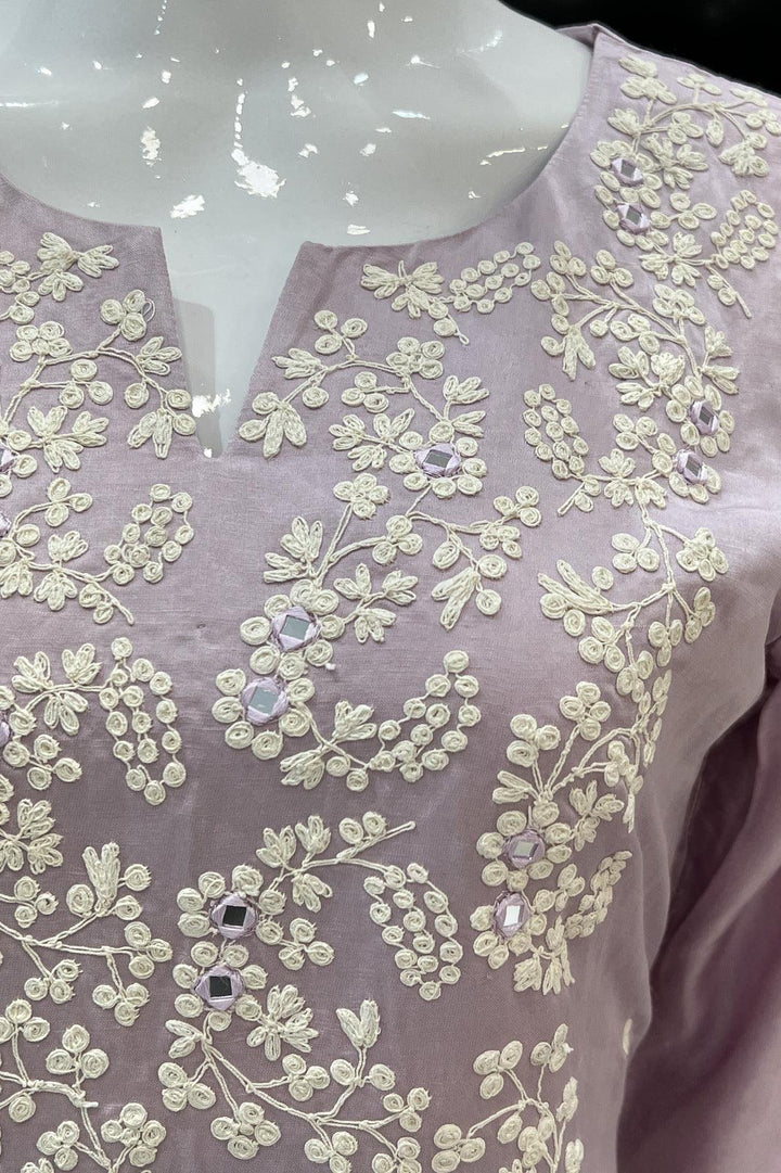Light Lavender Thread and Mirror work Straight Cut Salwar Suit - Seasons Chennai