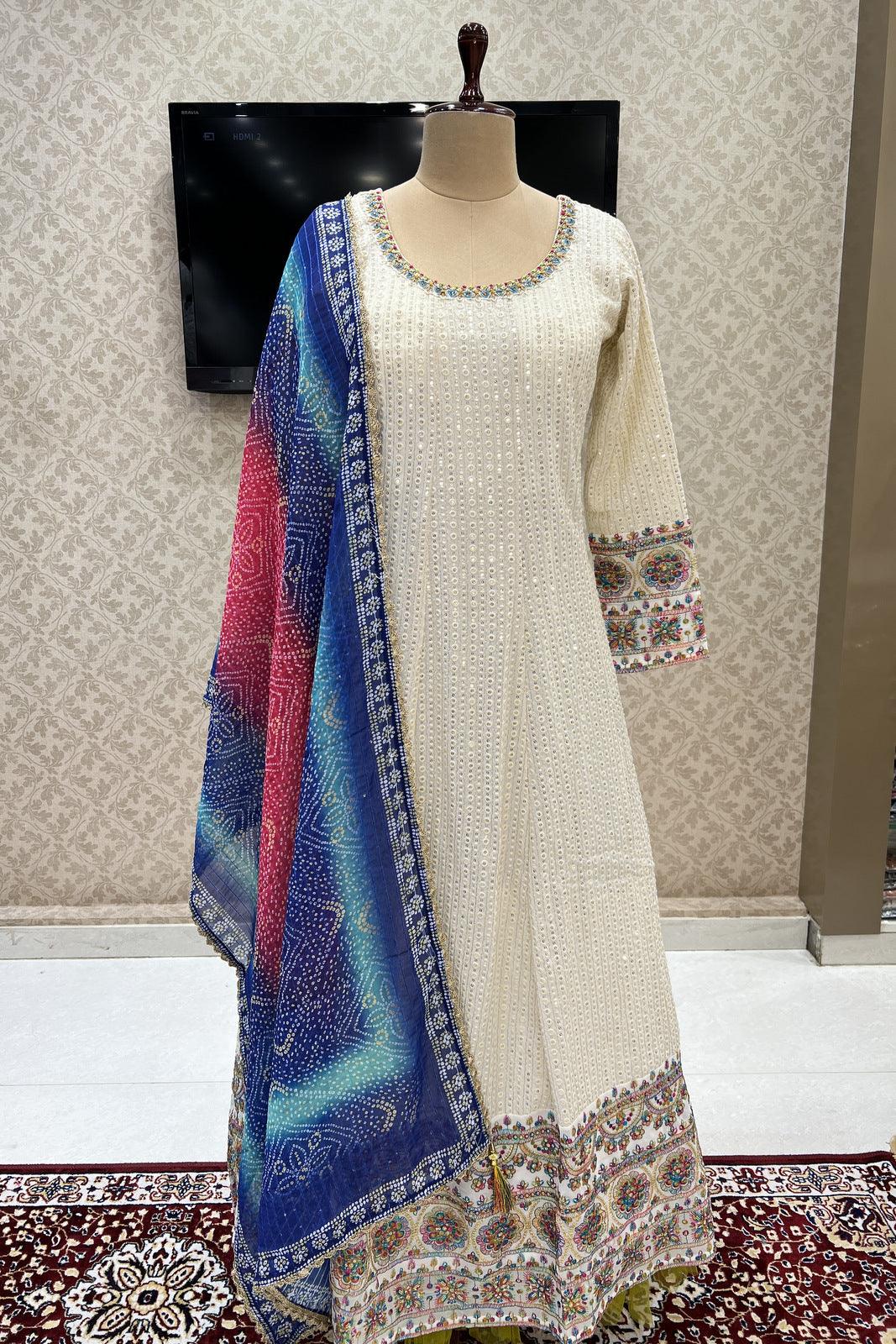 Half White Thread, Sequins and Zari work Floor Length Anarkali Suit with Bandini Print Dupatta - Seasons Chennai