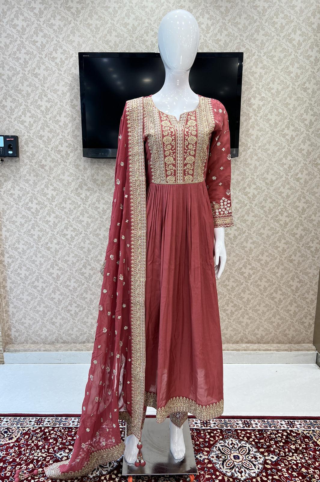 Dark Peach Zari and Sequins work Salwar Suit with Straight Pants - Seasons Chennai