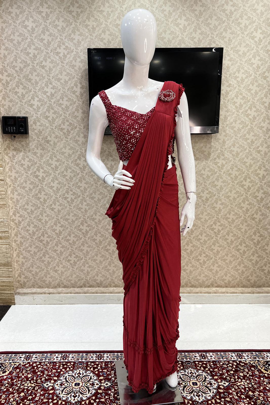 Red Readymade Fancy Saree and Readymade Mirror and Stone work Designer Blouse - Seasons Chennai
