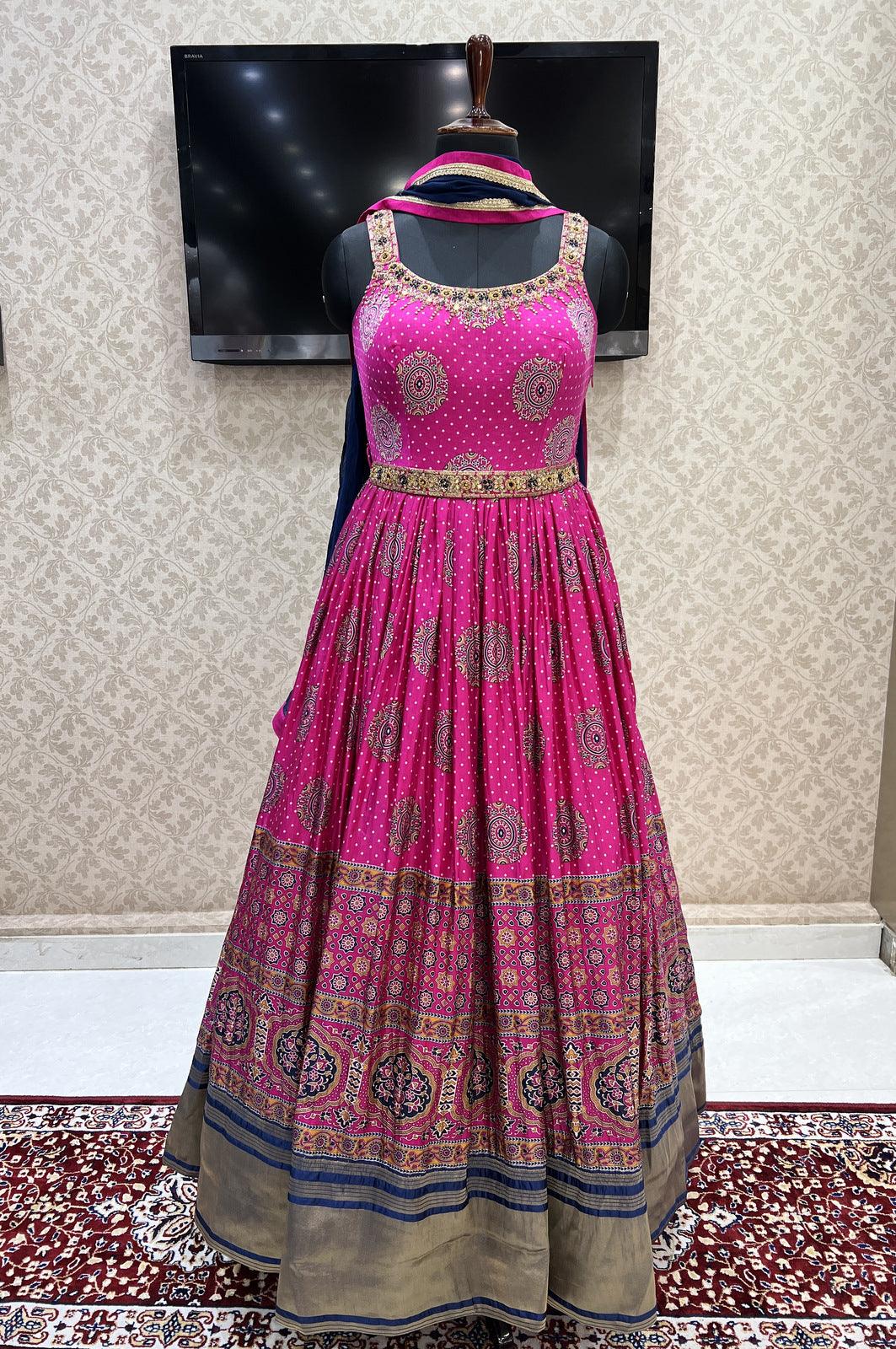 Pink Digital Print, Banaras, Kundan and Zardozi work Floor Length Anarkali Suit with Belt - Seasons Chennai
