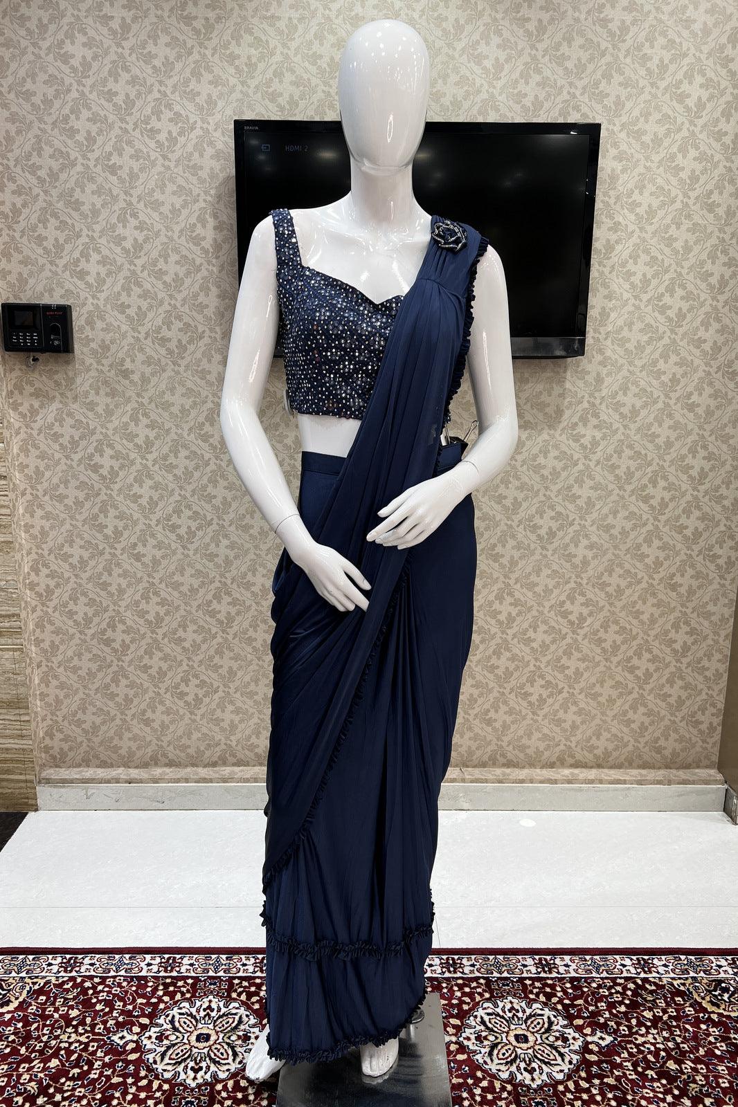 Blue Readymade Fancy Saree and Readymade Mirror and Stone work Designer Blouse - Seasons Chennai