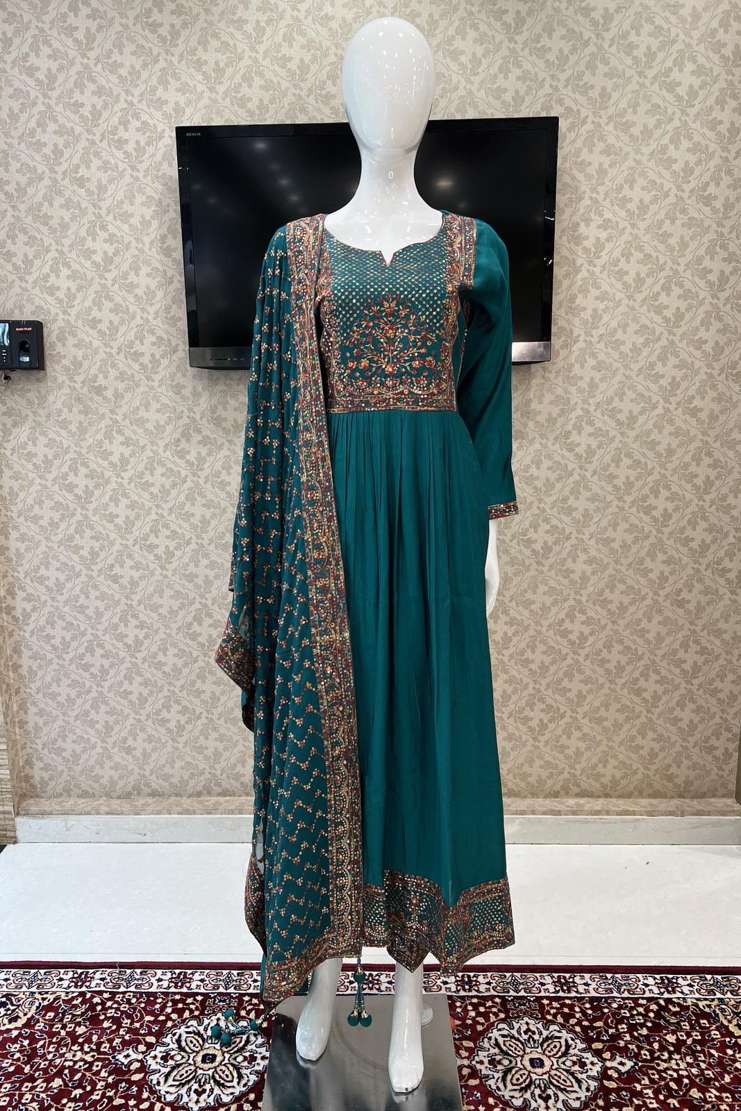 Rama Green Multicolor Thread and Sequins work Salwar Suit with Straight Pants - Seasons Chennai