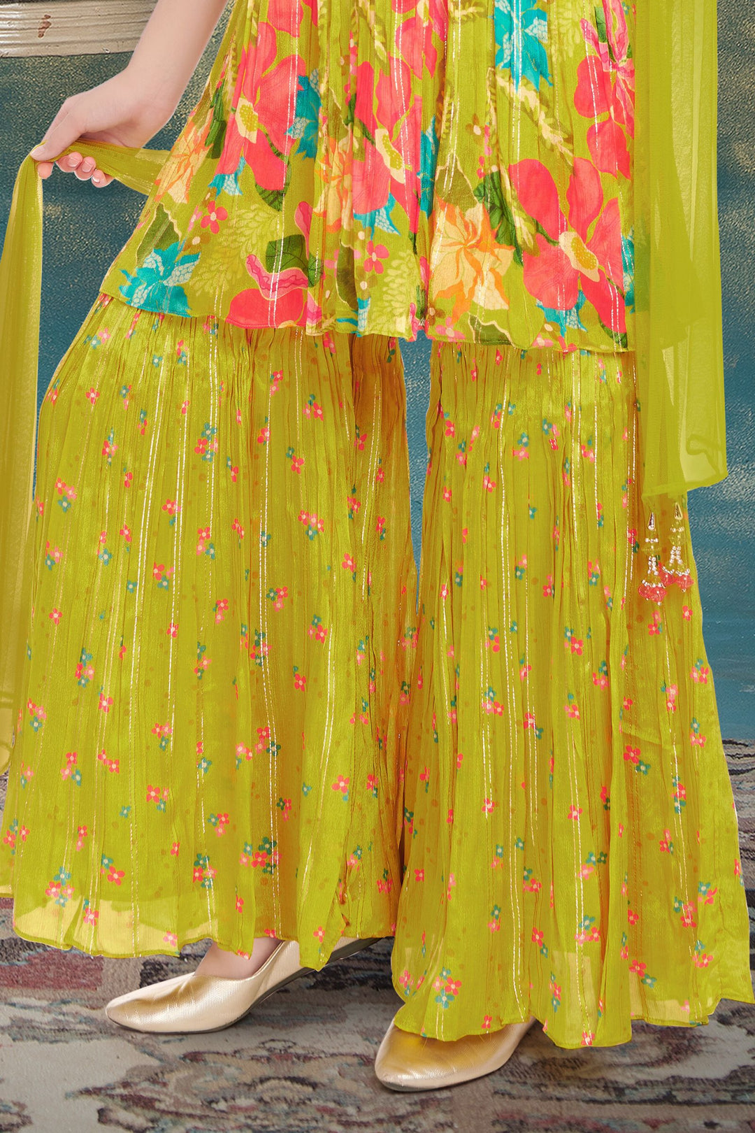 Lemon Green Mirror and Stone work with Floral Print  Peplum Top and Sharara Set for Girls