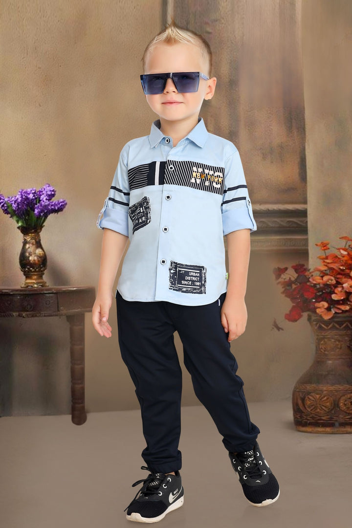 Light Blue Printed Shirt with Joggers Set for Boys