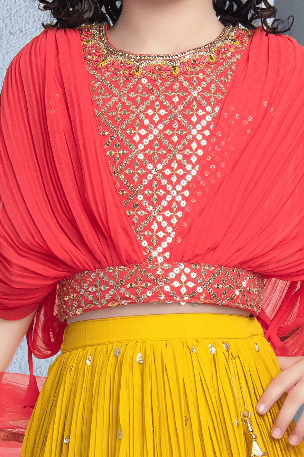 Pink with Yellow Sequins, Zari, Stone and Thread work Poncho Styled Lehenga Choli for Girls - Seasons Chennai