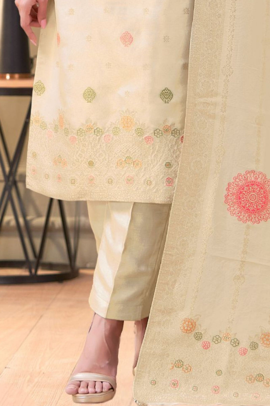 Cream Banaras, Zardozi, Thread and Sequins work Straight Cut Salwar Suit