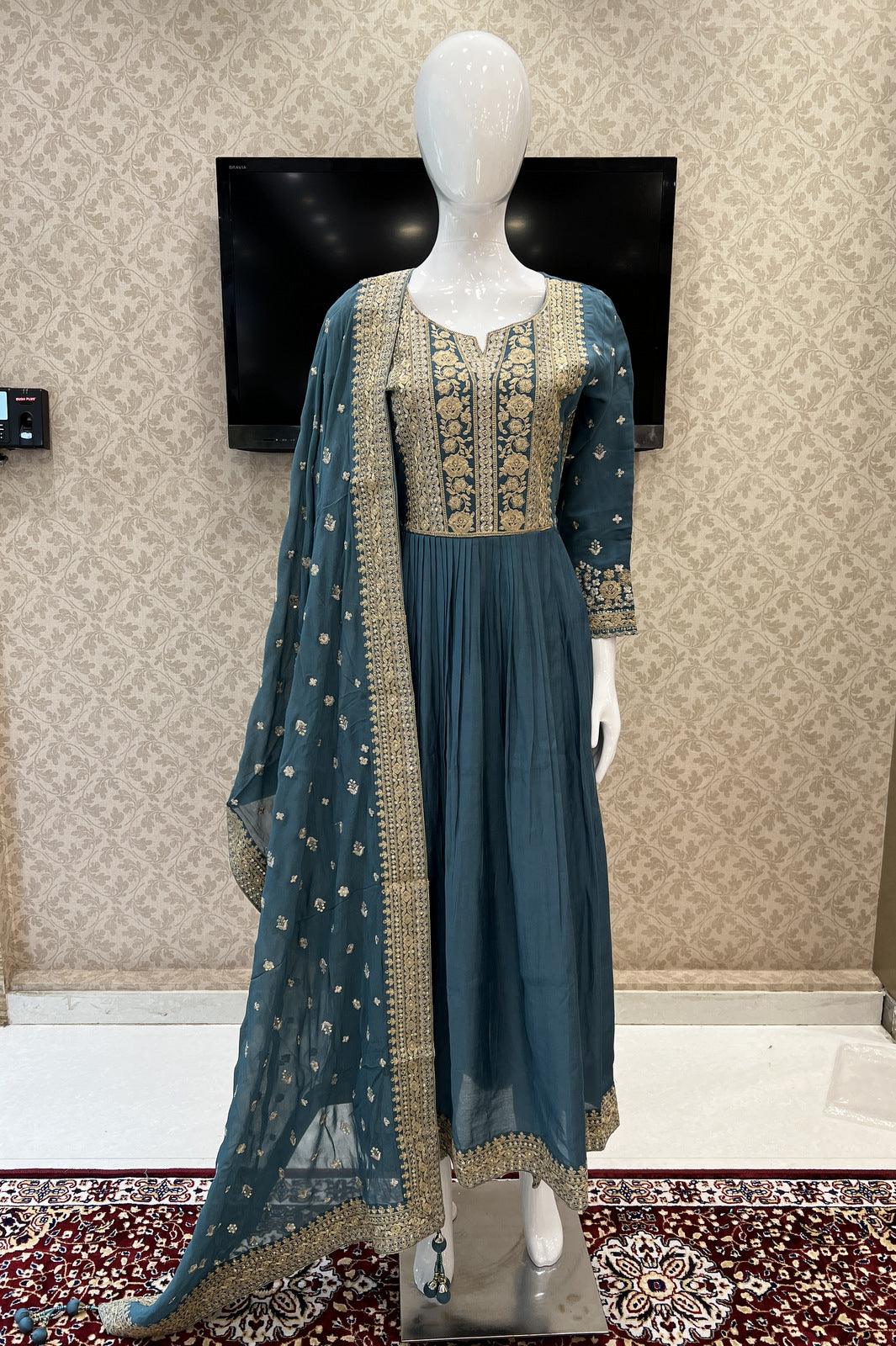 Teal Blue Zari and Sequins work Salwar Suit with Straight Pants - Seasons Chennai