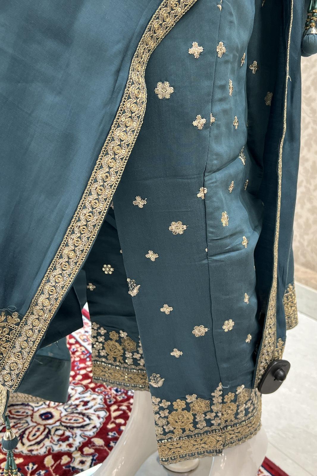Teal Blue Zari and Sequins work Salwar Suit with Straight Pants - Seasons Chennai