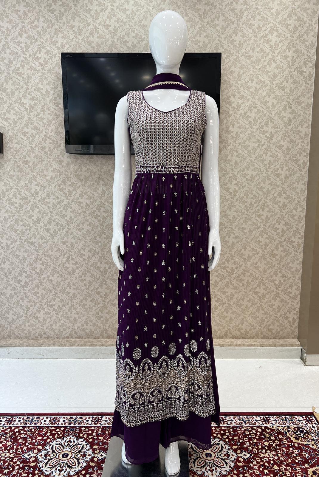 Purple Sequins and Zari work Salwar Suit with Palazzo Pants - Seasons Chennai