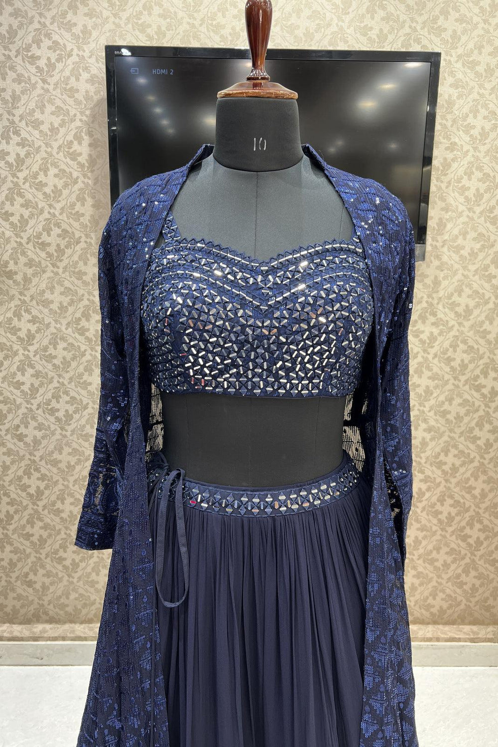 Navy Blue Mirror, Sequins and Thread work Long Overcoat Styled Crop Top Lehenga - Seasons Chennai