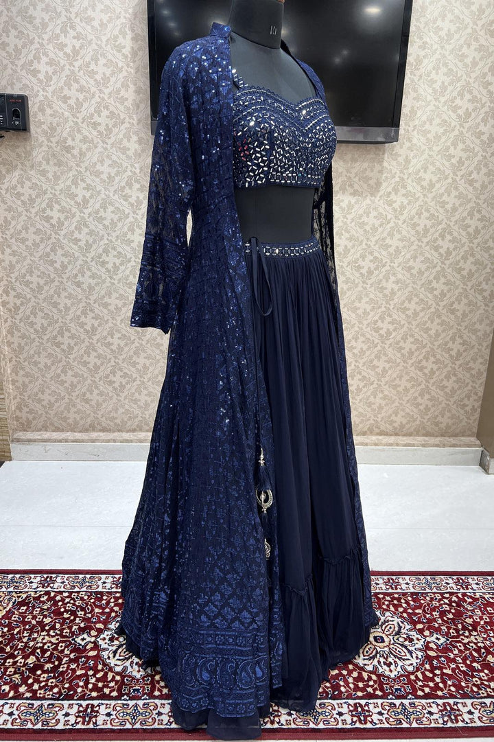 Navy Blue Mirror, Sequins and Thread work Long Overcoat Styled Crop Top Lehenga - Seasons Chennai